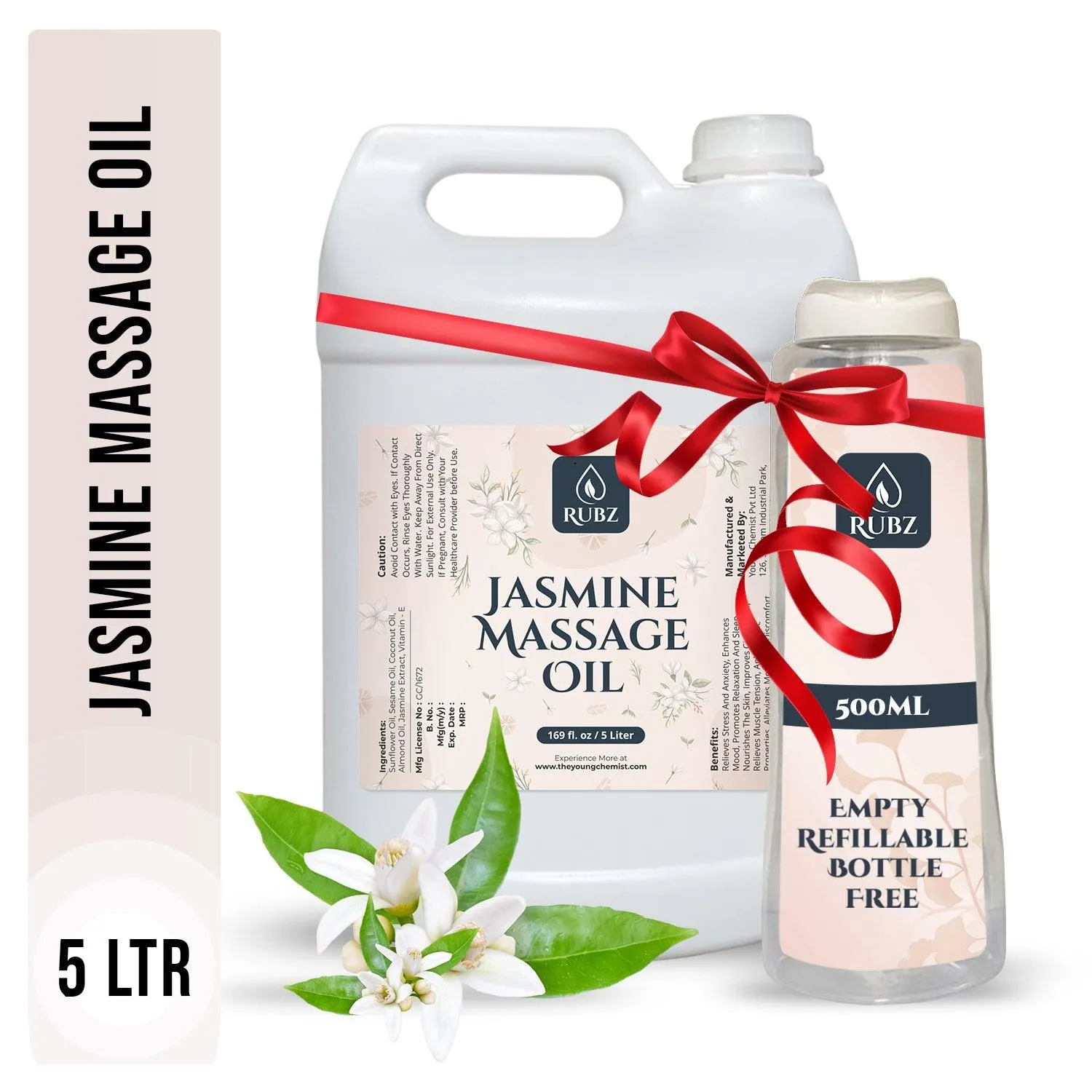 Rubz Jasmine Massage Oil | Moisturizing & Nourishing Body Massage Oil for Men & Women | Best for Aromatherapy & Full Body Spa | 5 Litre